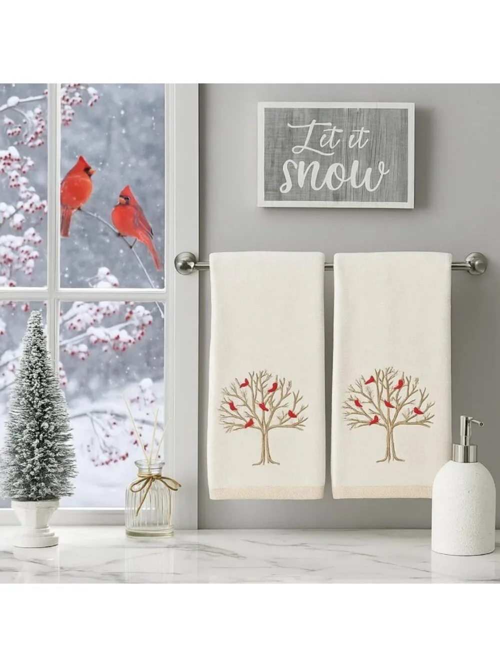 Embroidered Cardinal Hand Towels Set of 2 - Fall Tree Design, 100% Cotton, Ivory